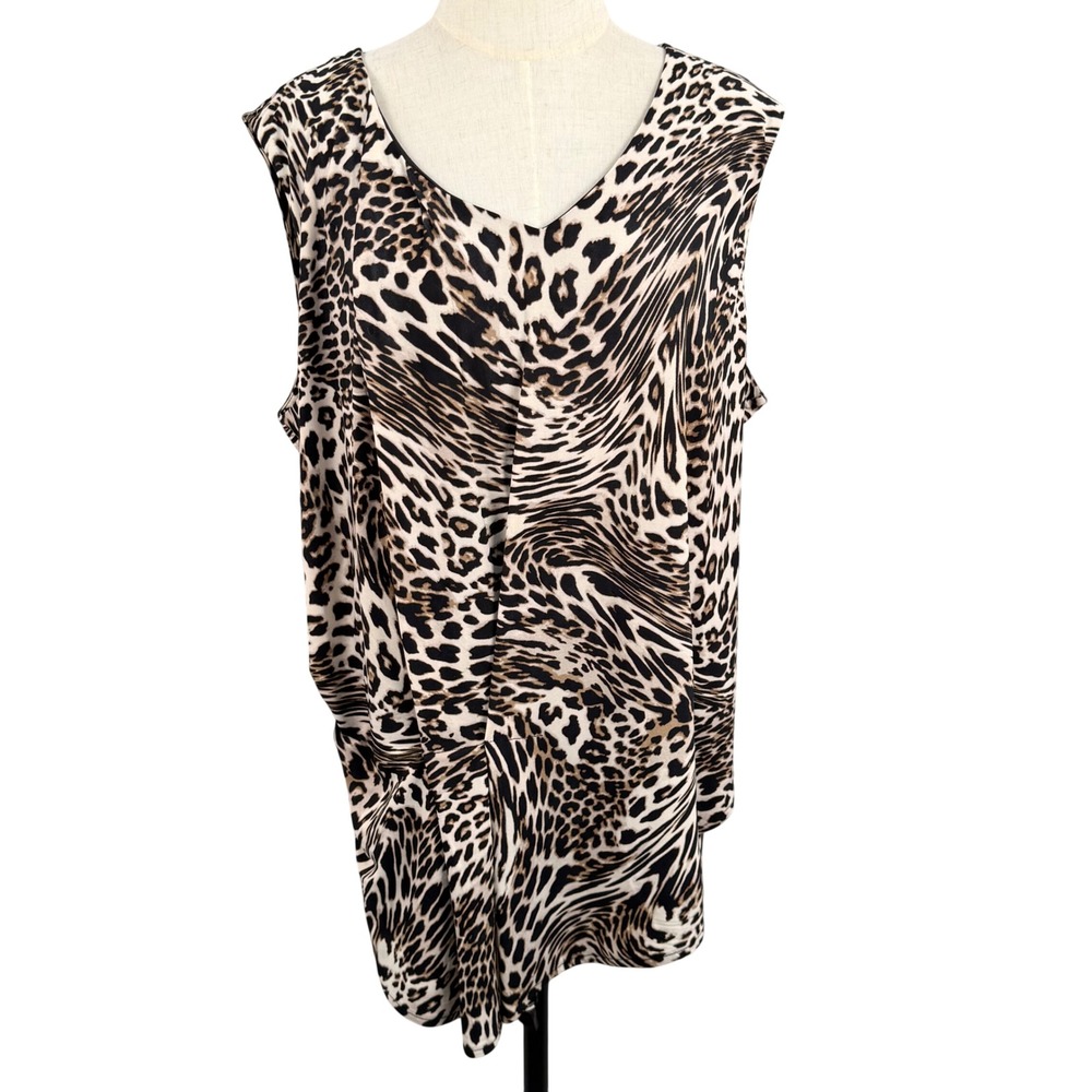 Roz & Ali Womens XL Leopard Animal Print‎ Sleeveless V-Neck Blouse Tan Black
